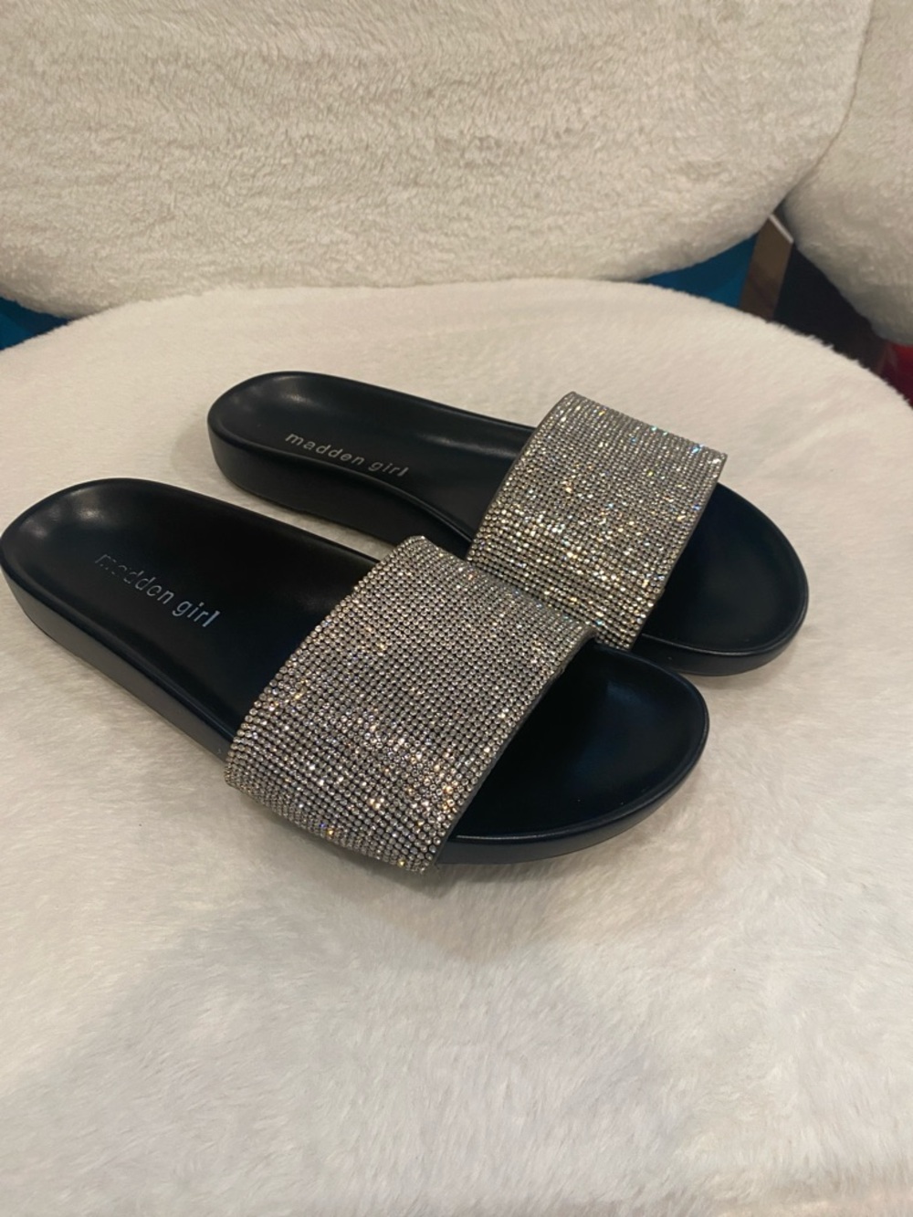 Madden Girl Black Slide Sandals with Sparkling Crystal Strap
